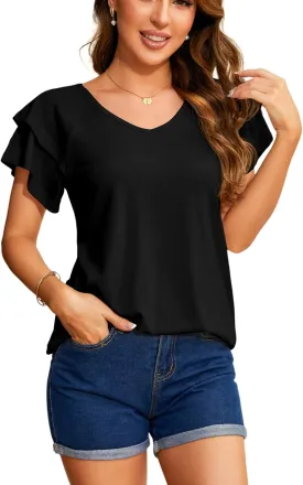 Summer Tops for Women 2025 Puff Sleeve Business Casual Blouses V-Neck Shirt