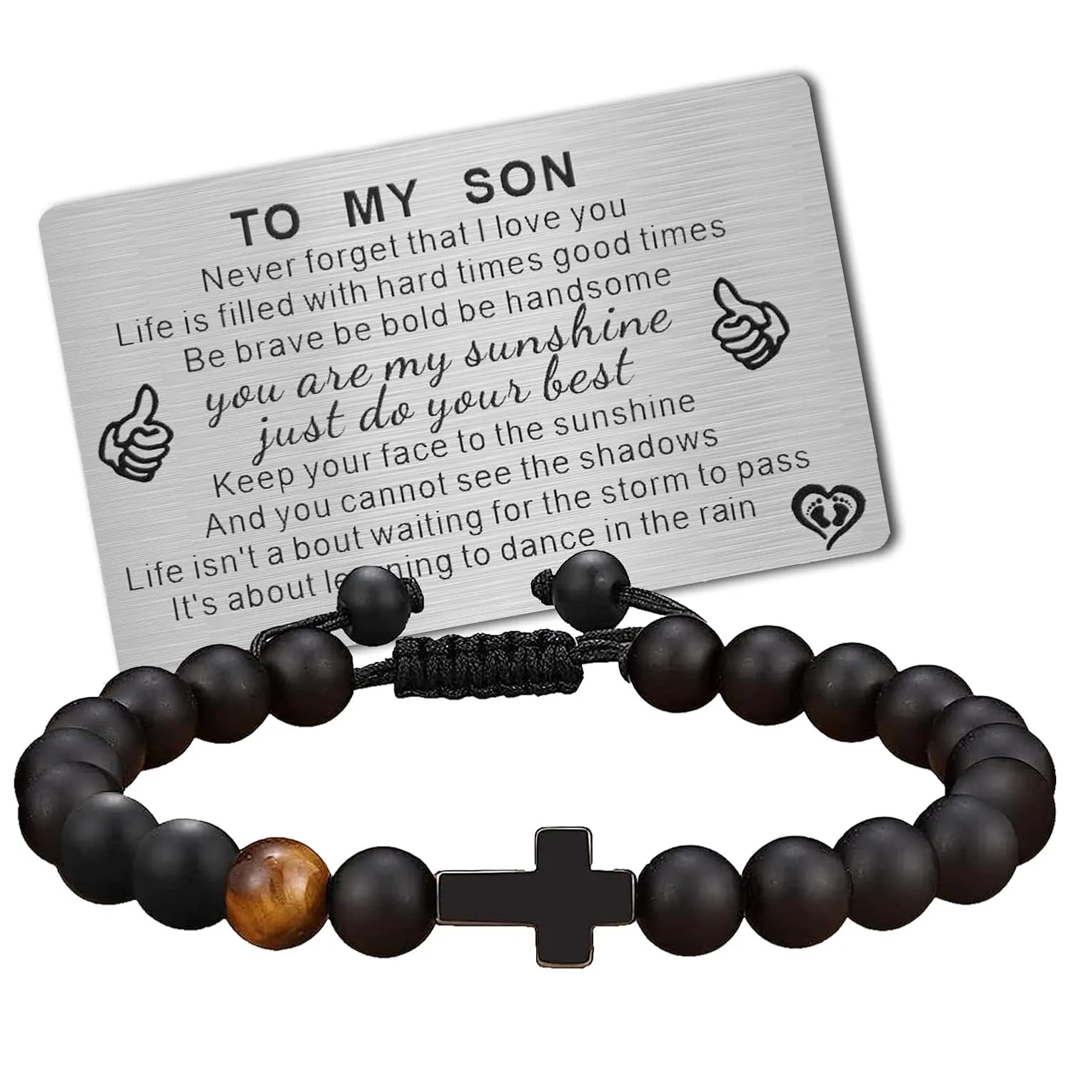 To My Son Bracelet from Mom Dad Handmade Mens Bead Bracelet with Engraved Wallet Card Cross Christian Gifts for Son Men Boys Birthday Graduation Gift