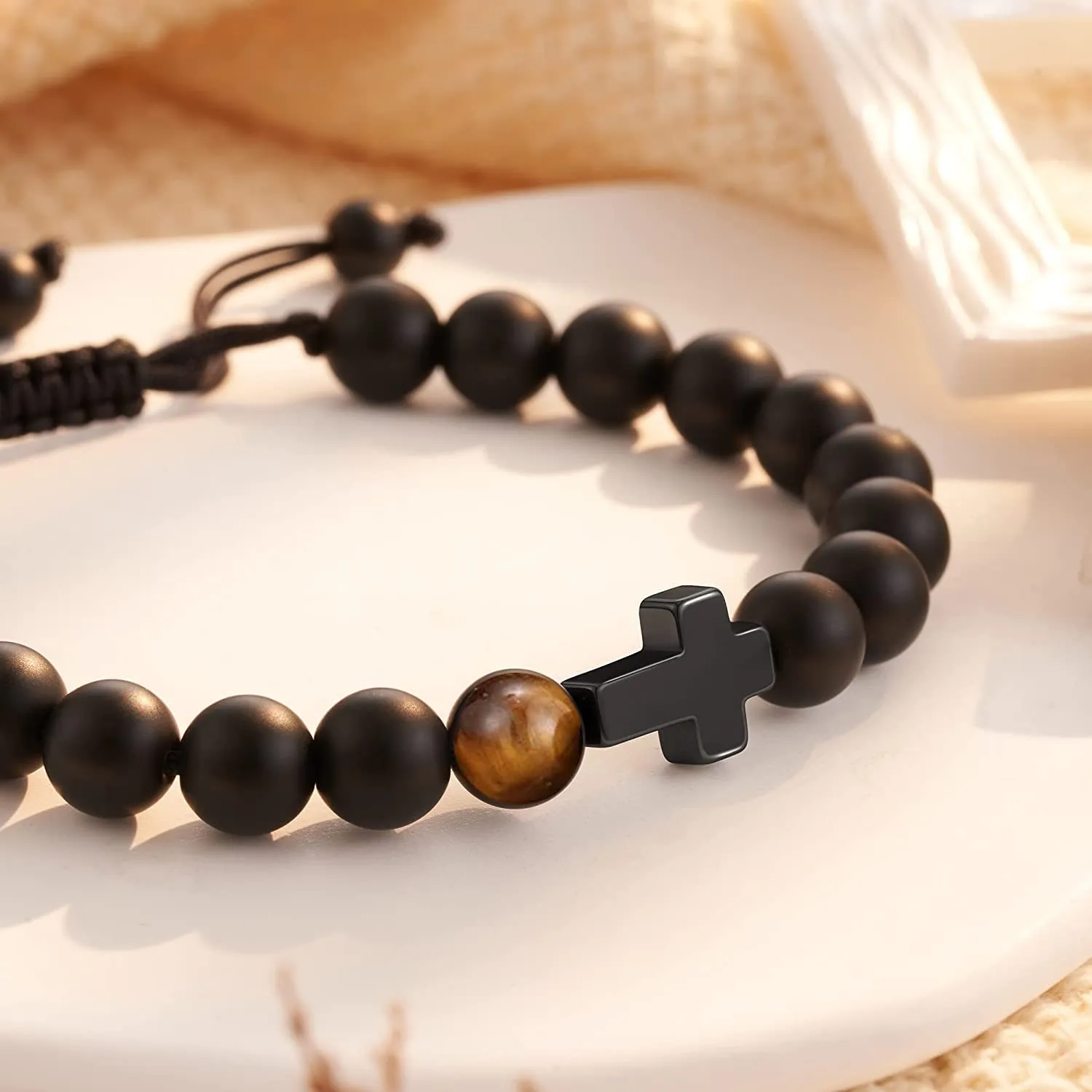 To My Son Bracelet from Mom Dad Handmade Mens Bead Bracelet with Engraved Wallet Card Cross Christian Gifts for Son Men Boys Birthday Graduation Gift