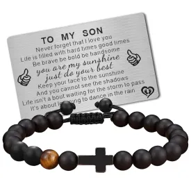 To My Son Bracelet from Mom Dad Handmade Mens Bead Bracelet with Engraved Wallet Card Cross Christian Gifts for Son Men Boys Birthday Graduation Gift