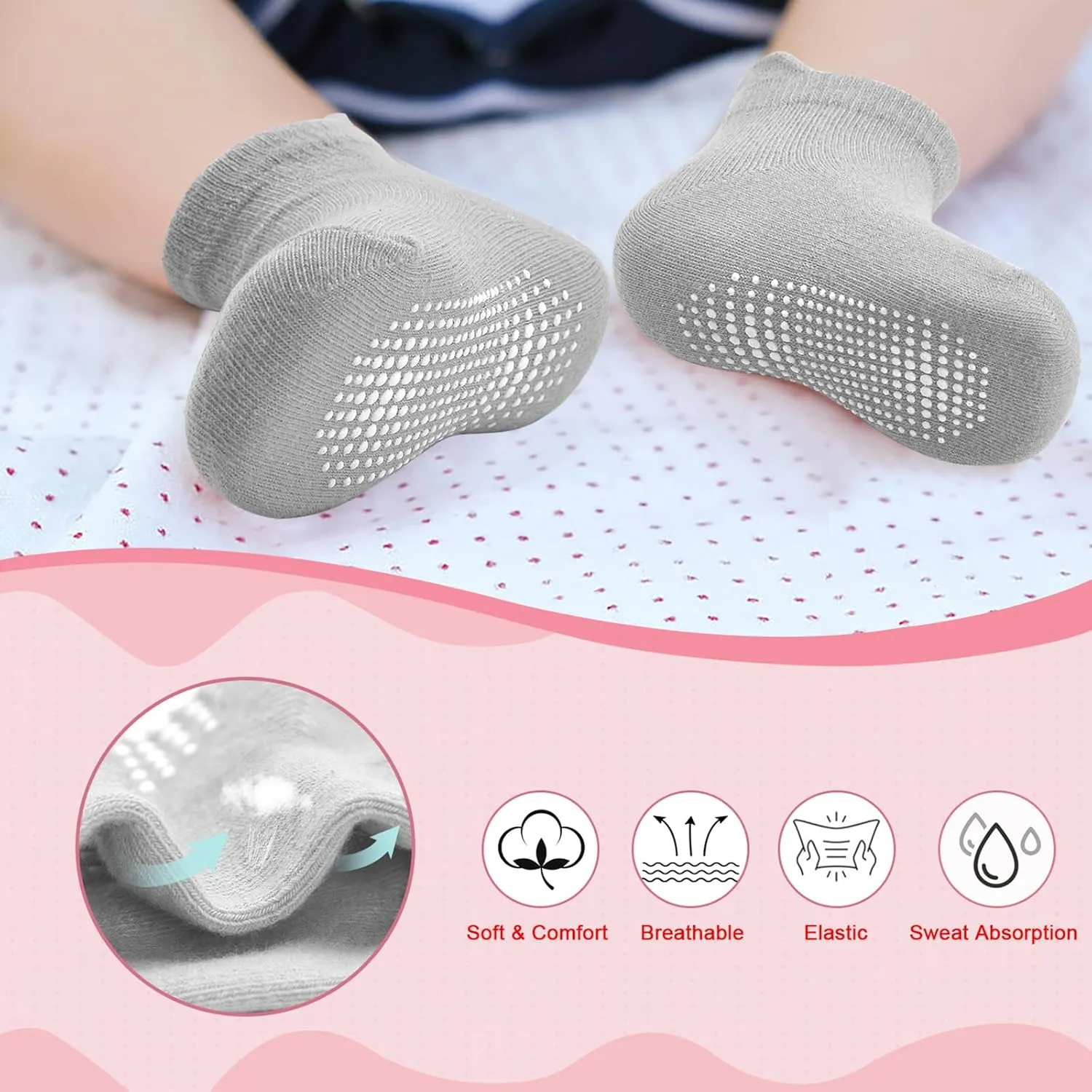 Toddler Non Slip Socks with Grips, Boys Girls Ankle Socks, for Kids Children 6 Months-7 Years Old 12 Pairs