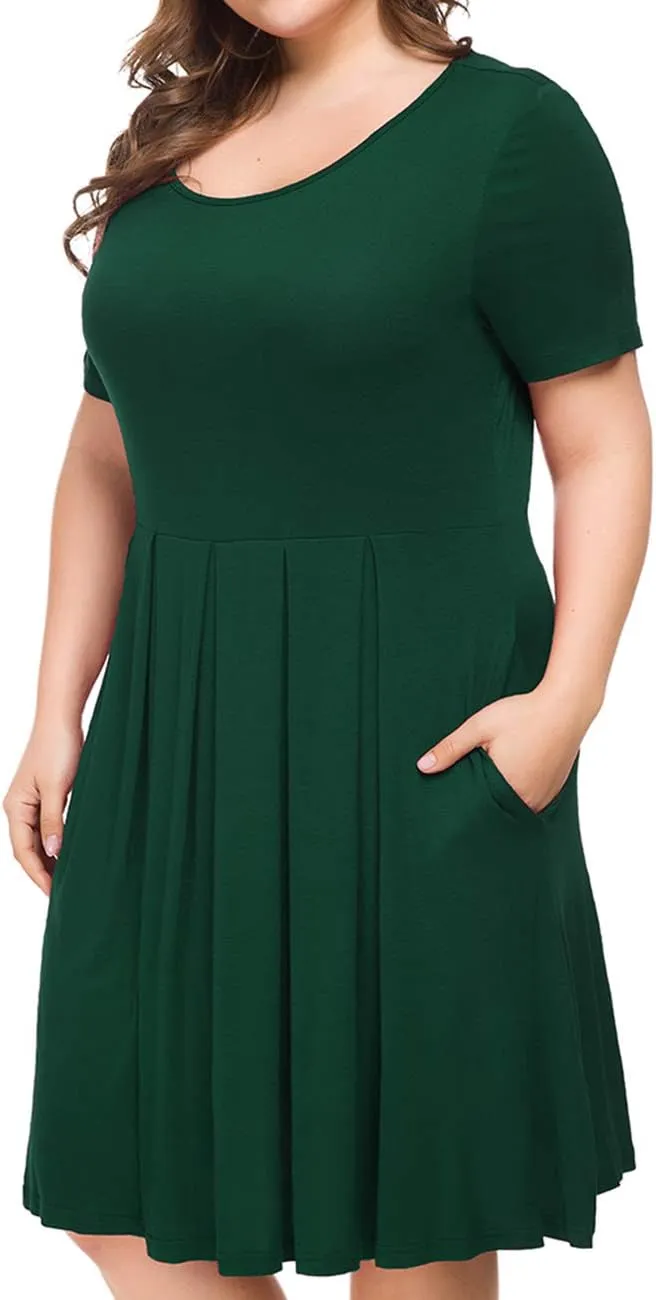 Tralilbee Women's Plus Size Short Sleeve Dress Casual Pleated Swing Dresses with Pockets
