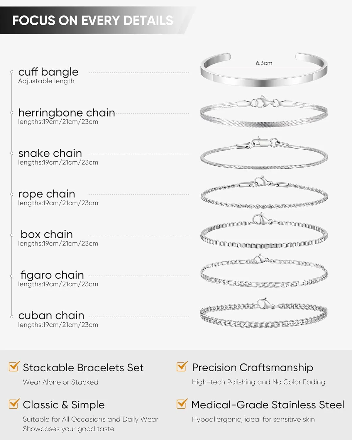 VNOX 5/7 Pcs Chain Bracelet for Men Women - Sturdy Stainless Steel Curb Width Cuban Link Chain Bracelet Set for Men Women,6.5/7/7.4/8.2/9 Inches