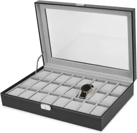 Watch Box, 24 Slots Mens Watch Organizer Lockable Jewelry Display Case with Large Acrylic Lid Black Faux Leather