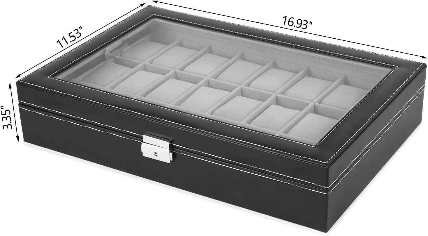 Watch Box, 24 Slots Mens Watch Organizer Lockable Jewelry Display Case with Large Acrylic Lid Black Faux Leather