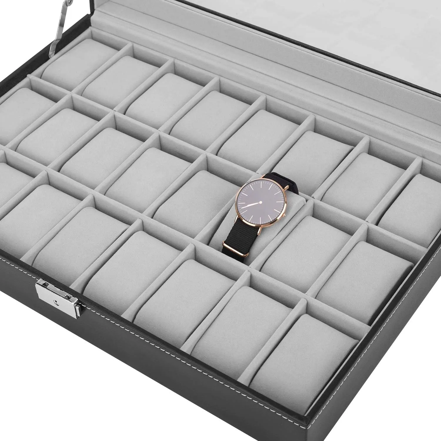 Watch Box, 24 Slots Mens Watch Organizer Lockable Jewelry Display Case with Large Acrylic Lid Black Faux Leather
