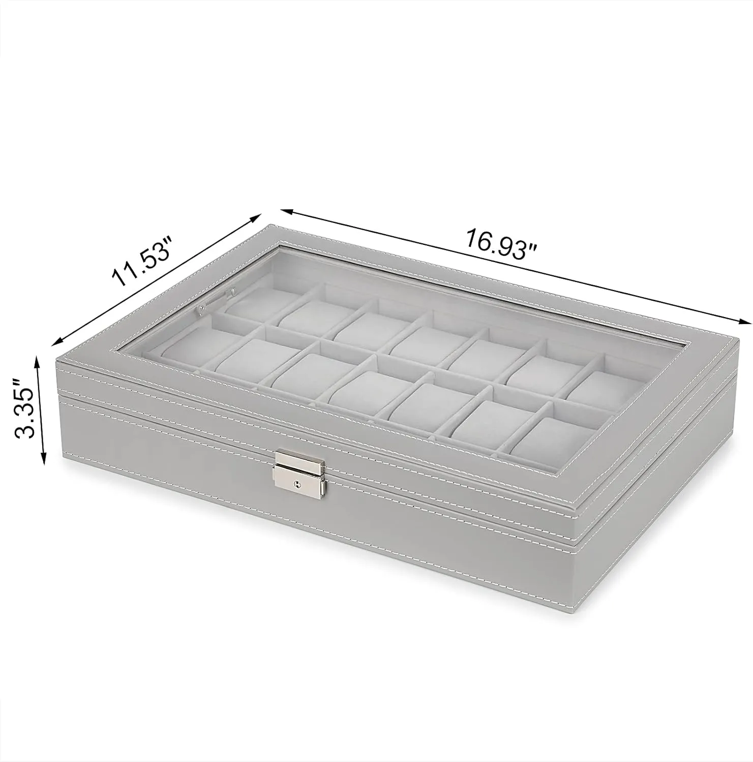 Watch Case, 24-Slot Leather Watch Box with Large Acrylic Lid, Watch Holder for Men, Gray