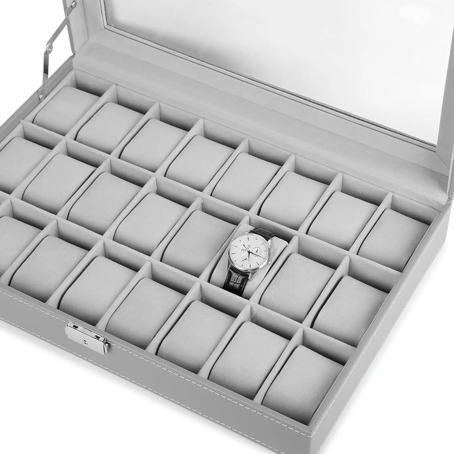 Watch Case, 24-Slot Leather Watch Box with Large Acrylic Lid, Watch Holder for Men, Gray