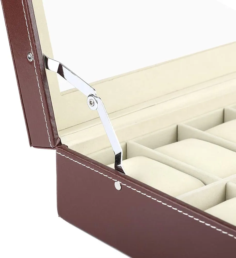 Watch Display Organizer, 24 Slots Large Watch Case with Acrylic Lid Brown Faux Leather