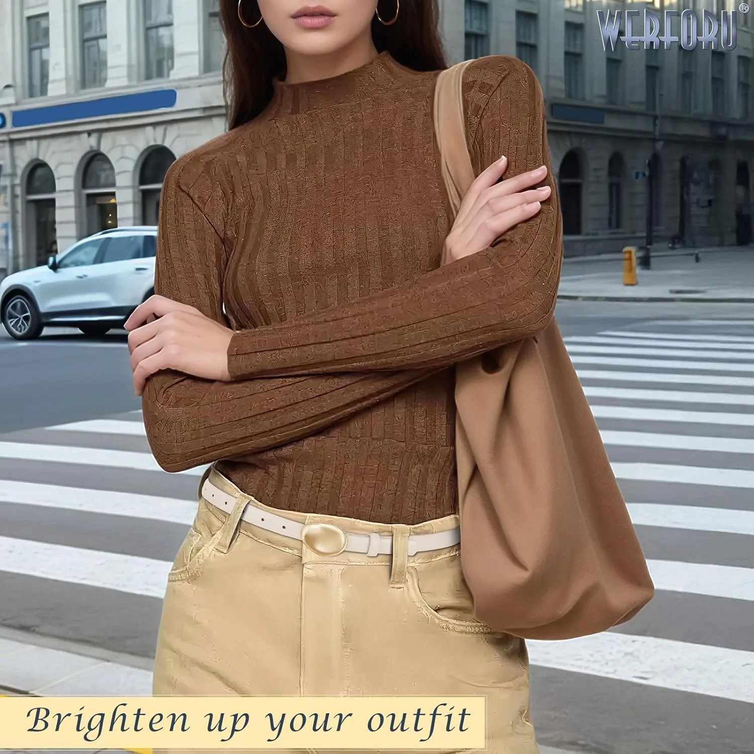 WERFORU Women Skinny Belts for Dress Jeans Ladies Thin Faux Leather Belt with Unique Gold Buckle,0.7" width