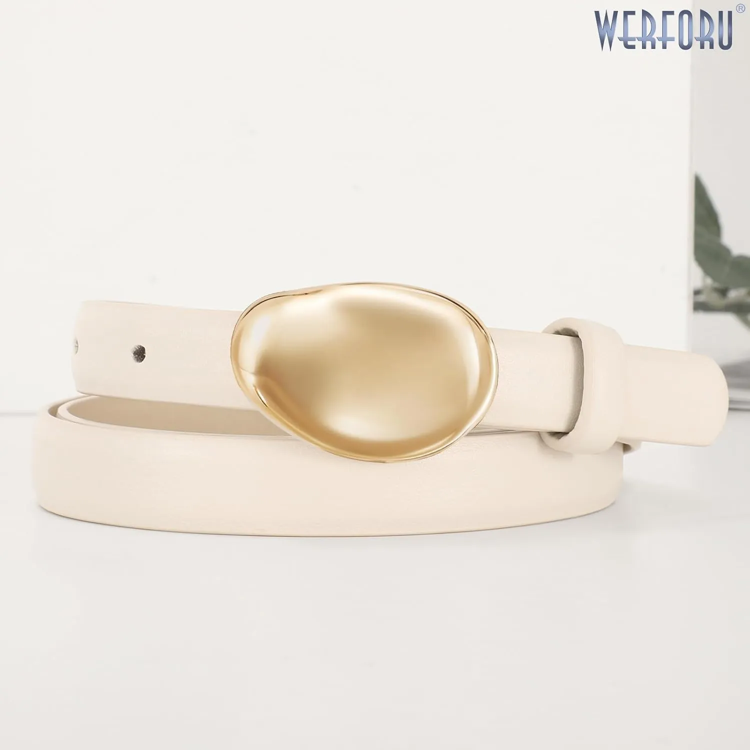 WERFORU Women Skinny Belts for Dress Jeans Ladies Thin Faux Leather Belt with Unique Gold Buckle,0.7" width