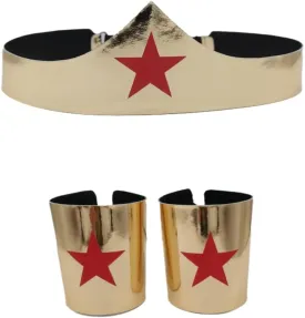 Woman of Wonder Star Gold Tiara, Woman of Wonder Cosplay Cuffs And Tiara Crown Set Adjustable Size