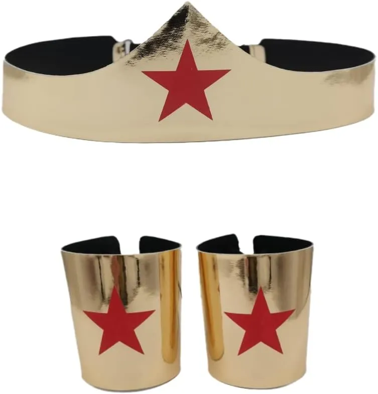 Woman of Wonder Star Gold Tiara, Woman of Wonder Cosplay Cuffs And Tiara Crown Set Adjustable Size