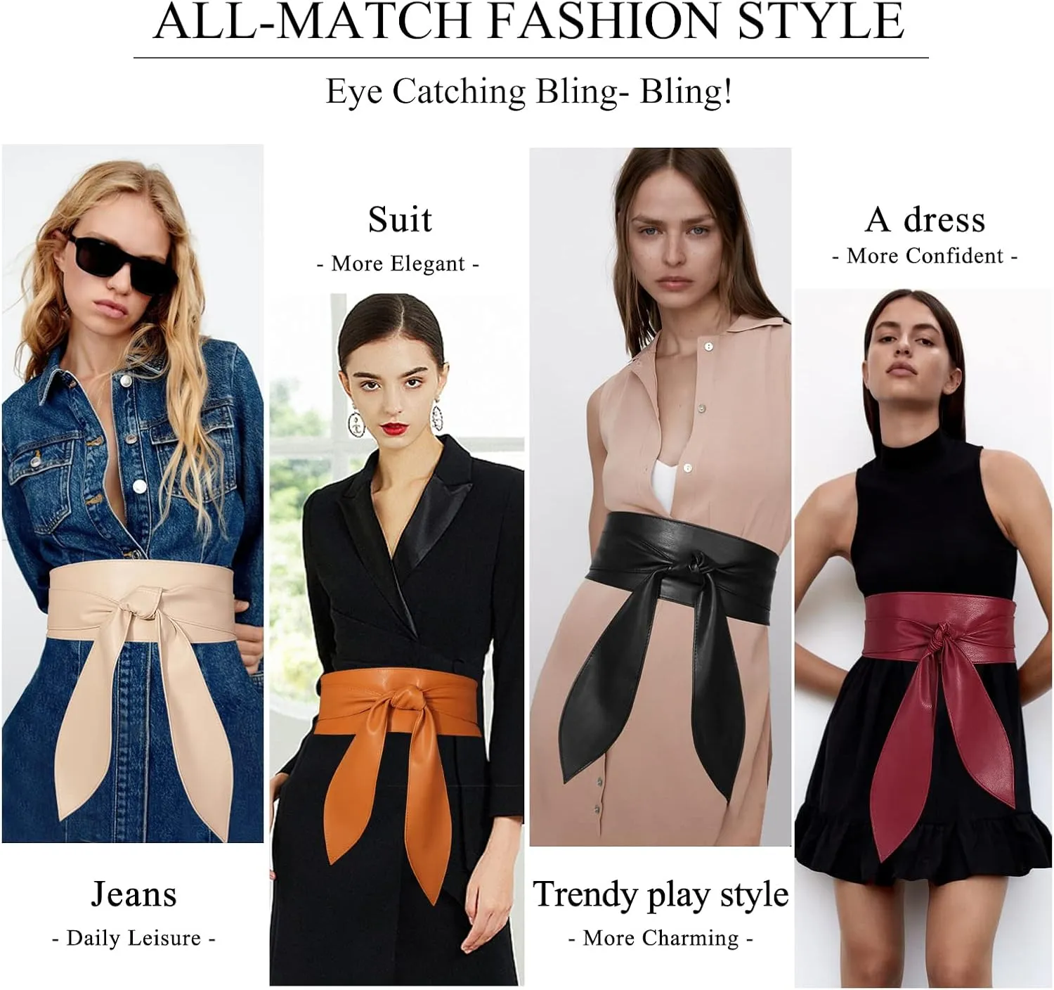 Women Obi Belt Wide Cinch Belt Soft PU Leather Tie Up Wrap Around Waist Belt Knotted Waistband Corset Belt For Dress