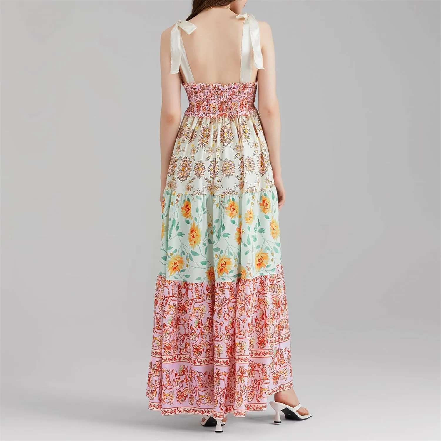 Women Summer Y2k Floral Maxi Dress Tie Shoulder Strap Backless Ruffle Smocked Long Dresses Boho Flowy Beach Sundress