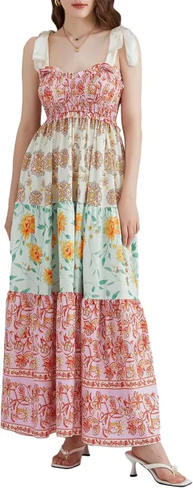 Women Summer Y2k Floral Maxi Dress Tie Shoulder Strap Backless Ruffle Smocked Long Dresses Boho Flowy Beach Sundress