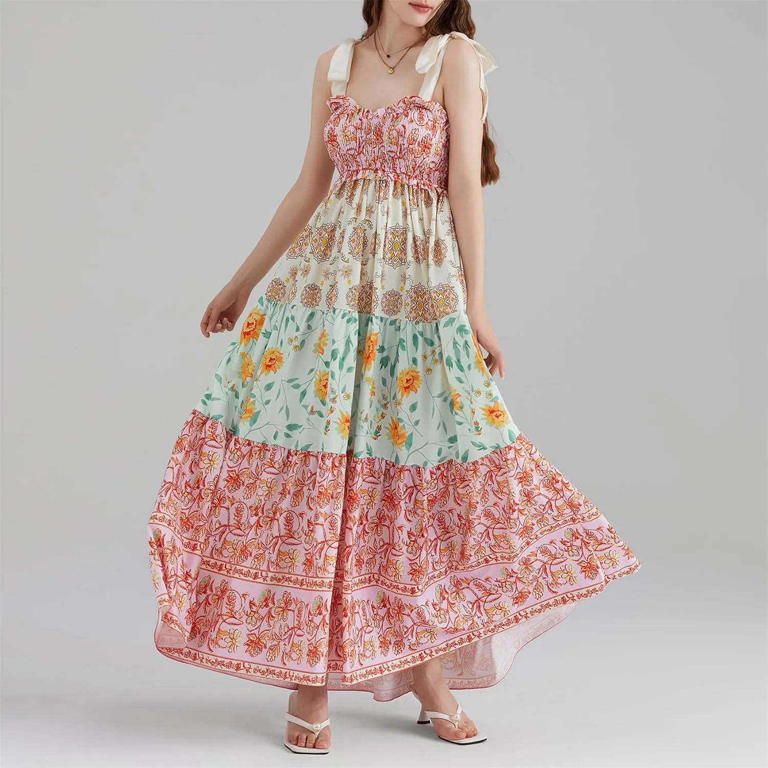 Women Summer Y2k Floral Maxi Dress Tie Shoulder Strap Backless Ruffle Smocked Long Dresses Boho Flowy Beach Sundress