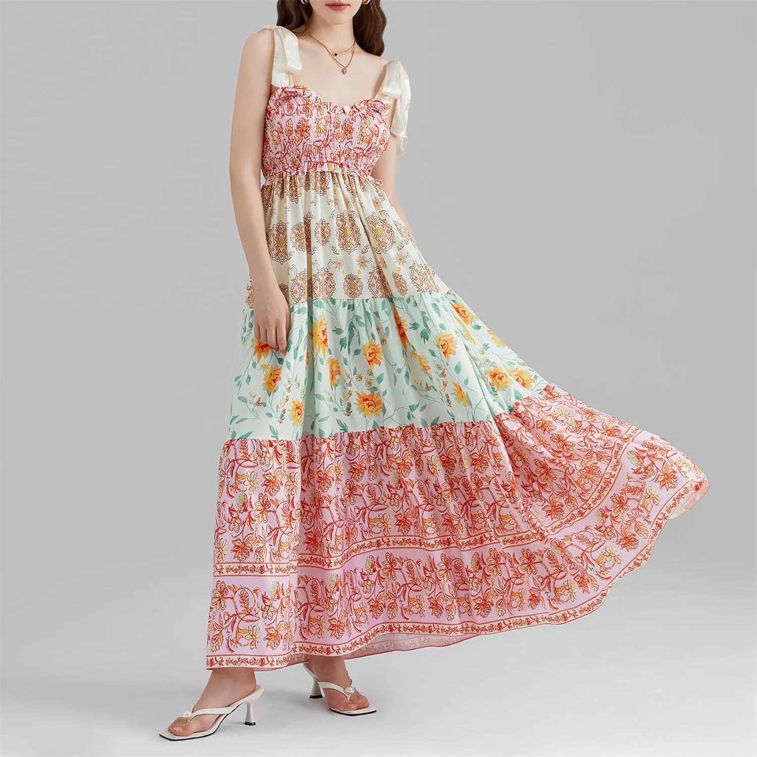 Women Summer Y2k Floral Maxi Dress Tie Shoulder Strap Backless Ruffle Smocked Long Dresses Boho Flowy Beach Sundress