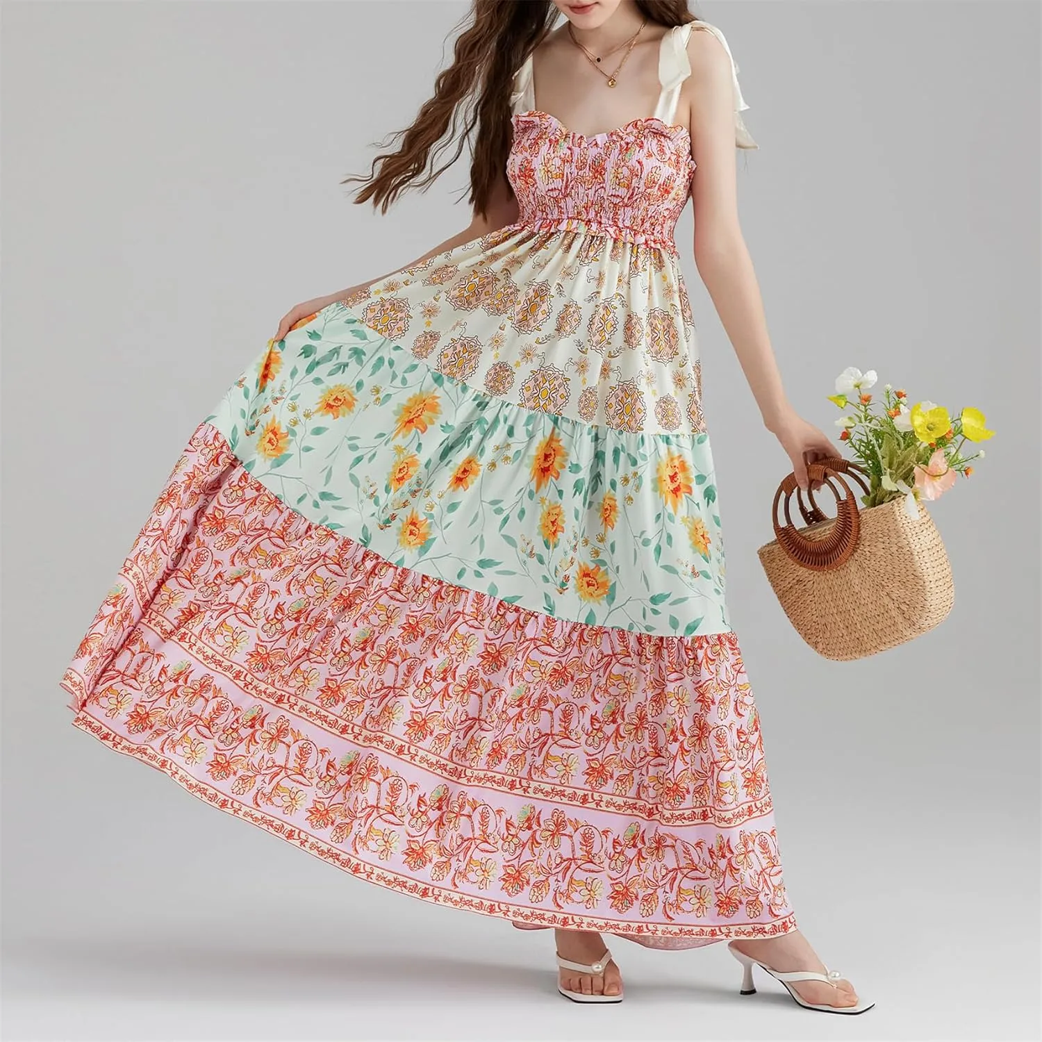 Women Summer Y2k Floral Maxi Dress Tie Shoulder Strap Backless Ruffle Smocked Long Dresses Boho Flowy Beach Sundress