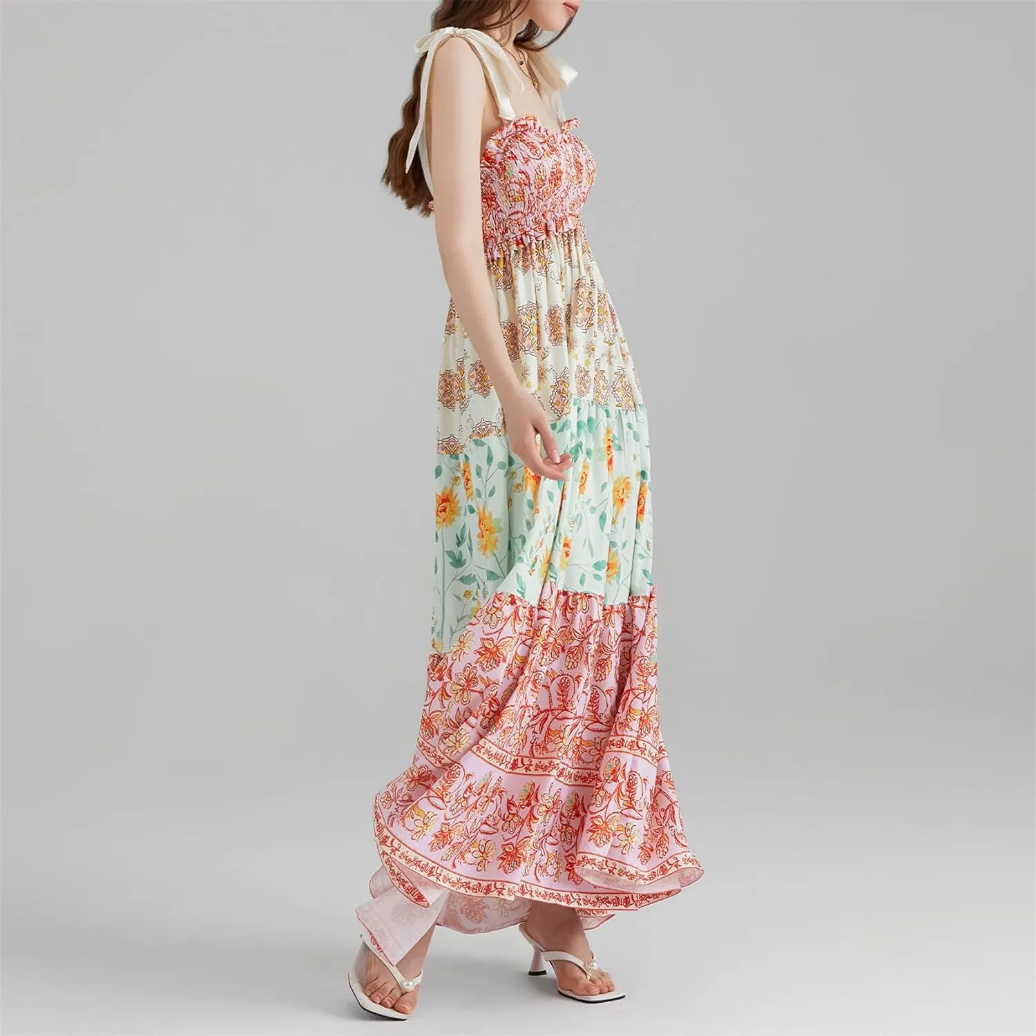 Women Summer Y2k Floral Maxi Dress Tie Shoulder Strap Backless Ruffle Smocked Long Dresses Boho Flowy Beach Sundress