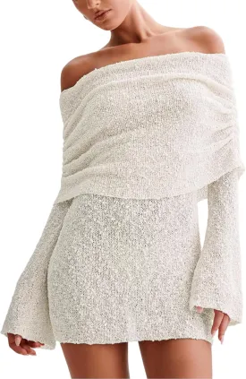 Women's Beach Cover Ups Dress Off Shoulder Bell Sleeve Sexy Summer Vacation Swimwear Bodycon Cover-ups