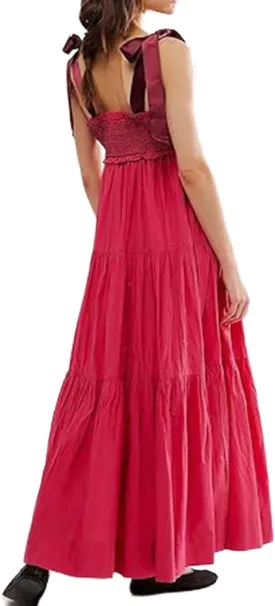 Women's Boho Floral Tiered Maxi Dress Tie Shoulder Sleeveless Floral Flowy Long Smocked Dresses Summer Sundress