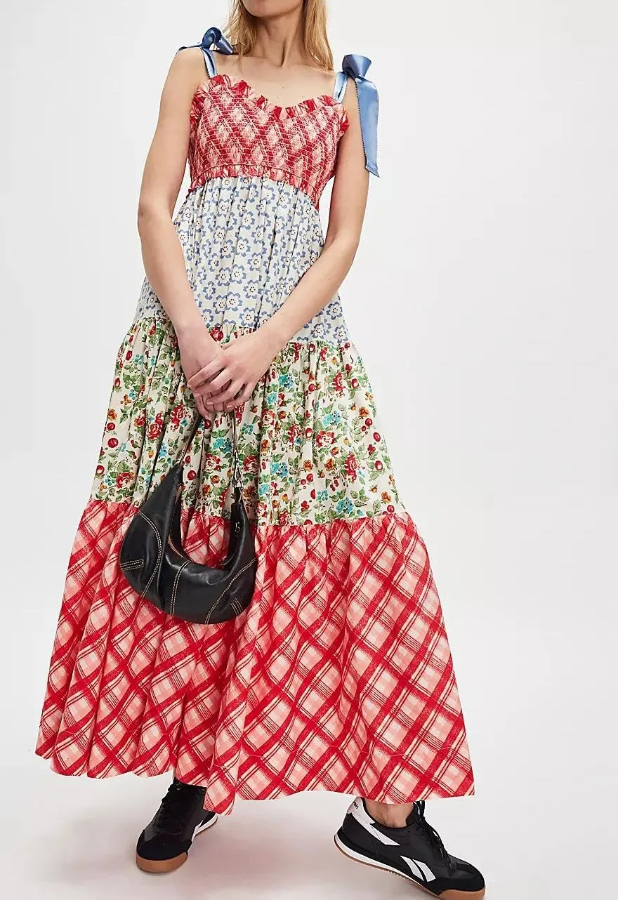 Women's Boho Floral Tiered Maxi Dress Tie Shoulder Sleeveless Floral Flowy Long Smocked Dresses Summer Sundress