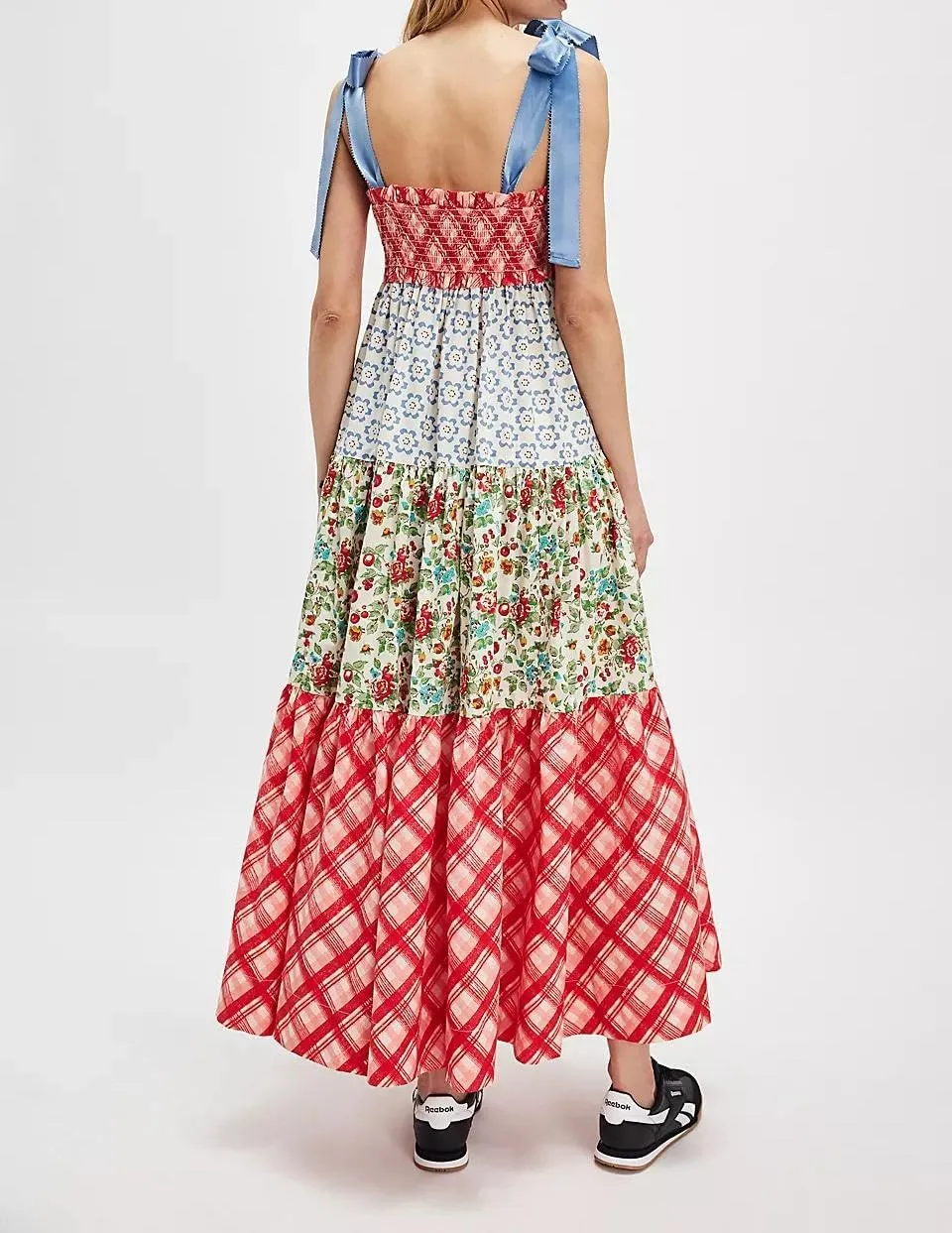 Women's Boho Floral Tiered Maxi Dress Tie Shoulder Sleeveless Floral Flowy Long Smocked Dresses Summer Sundress