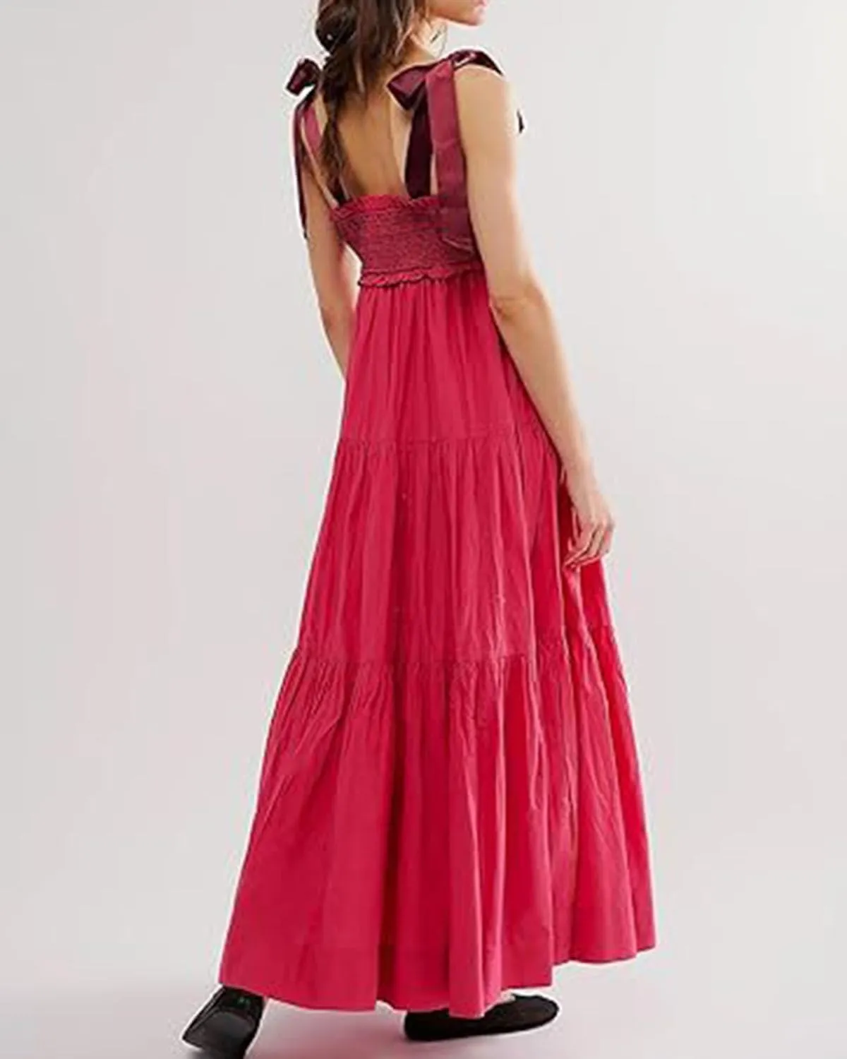 Women's Boho Floral Tiered Maxi Dress Tie Shoulder Sleeveless Floral Flowy Long Smocked Dresses Summer Sundress