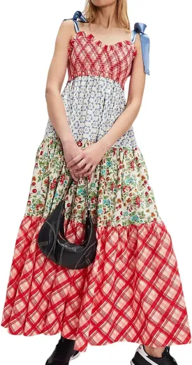 Women's Boho Floral Tiered Maxi Dress Tie Shoulder Sleeveless Floral Flowy Long Smocked Dresses Summer Sundress
