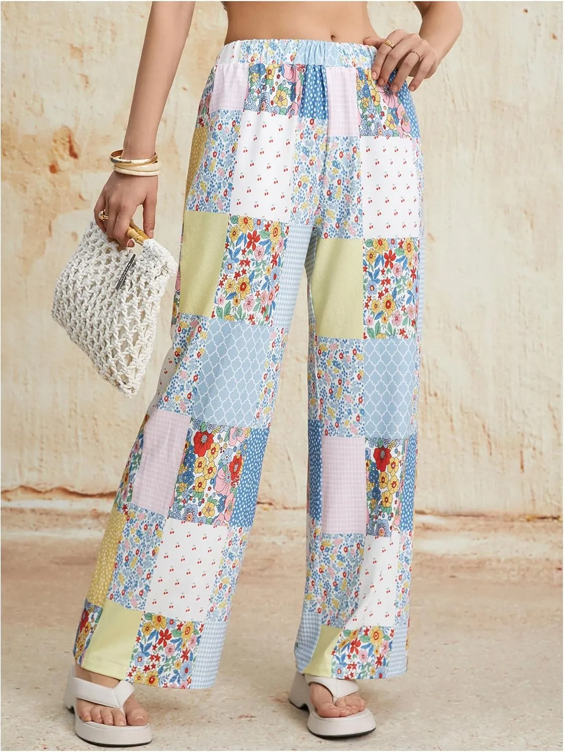 Women's Patchwork Graphic Pant Colorblock High Waisted Straight Leg Boho Pants