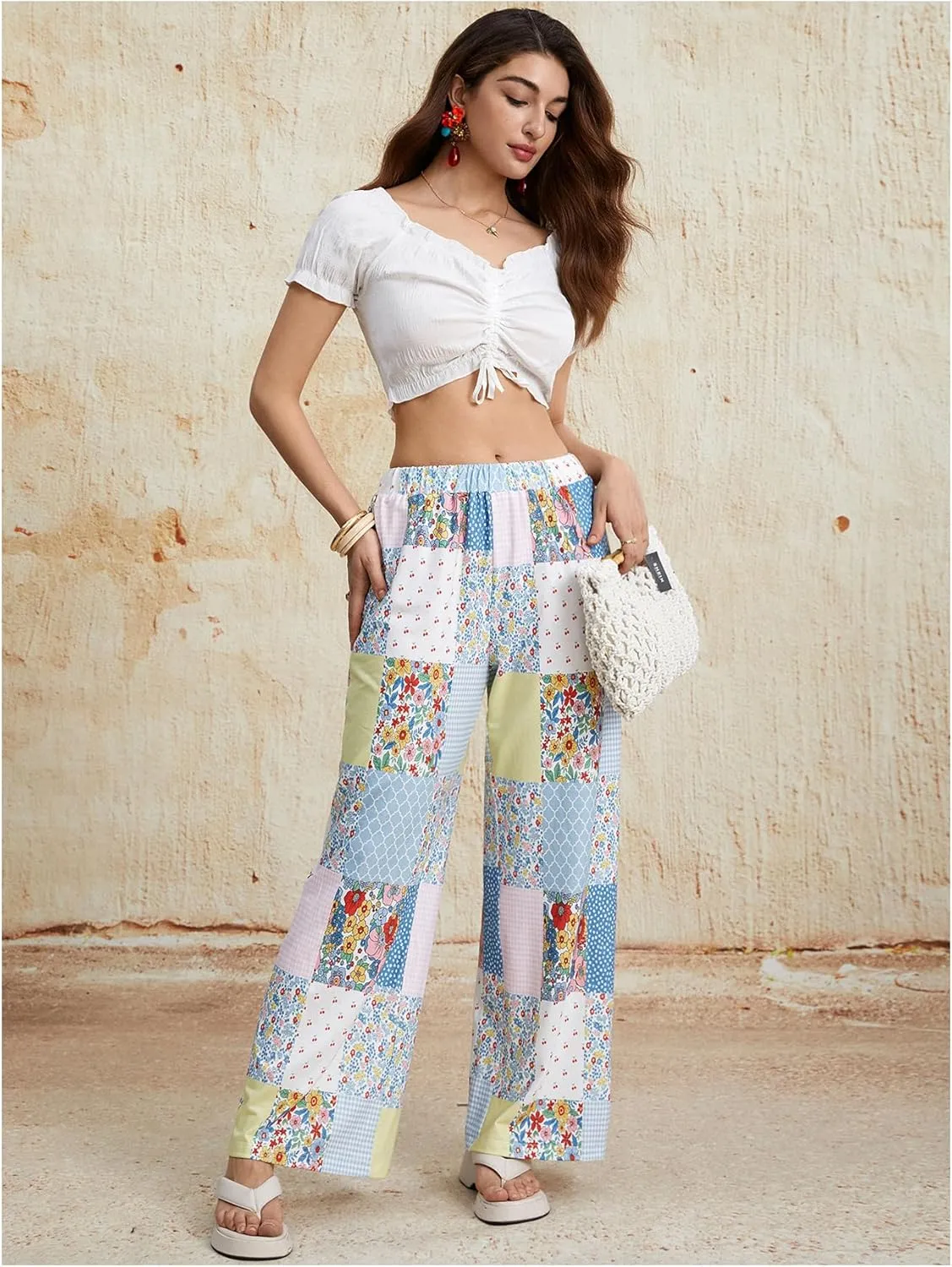 Women's Patchwork Graphic Pant Colorblock High Waisted Straight Leg Boho Pants