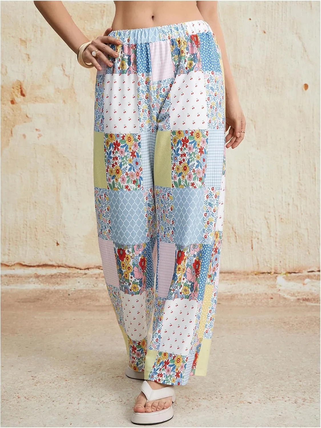 Women's Patchwork Graphic Pant Colorblock High Waisted Straight Leg Boho Pants