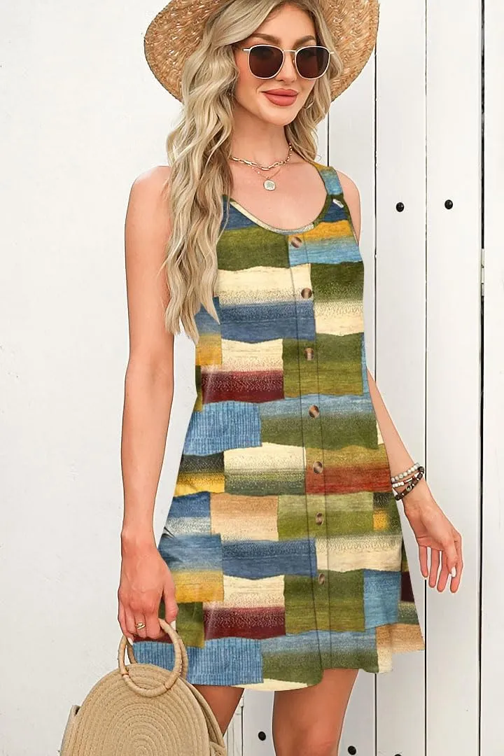 Womens Summer Dresses Scoop Neck O-Ring Shoulder Button Tank Sundress Casual Swing Short Dress