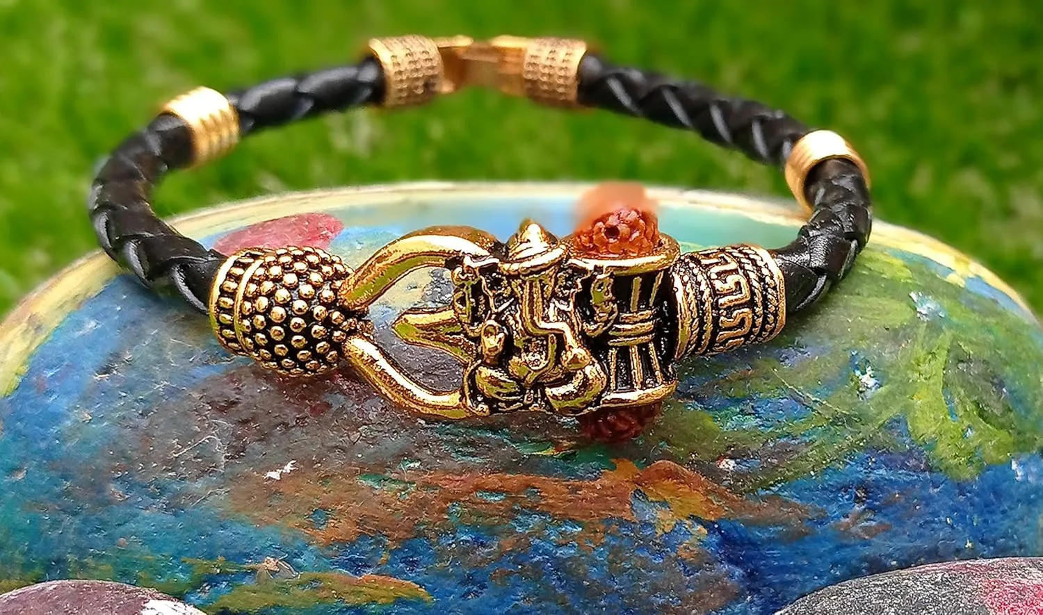 Wonder Care Rudraksha Shiv Om Trishul Damroo Kada for men, Lord Shiva Bahubali Cuff Bracelet for men, boys | Religious Brass Kada | Free size