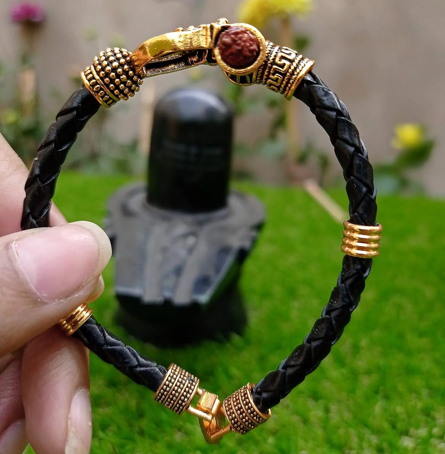 Wonder Care Rudraksha Shiv Om Trishul Damroo Kada for men, Lord Shiva Bahubali Cuff Bracelet for men, boys | Religious Brass Kada | Free size